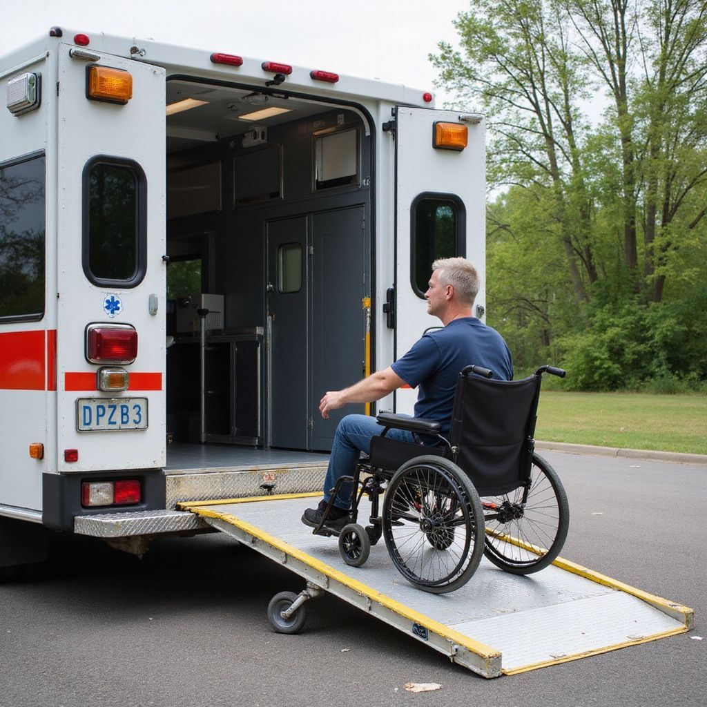 Man in wheelchair using a ramp to enter an accessible ambulance.