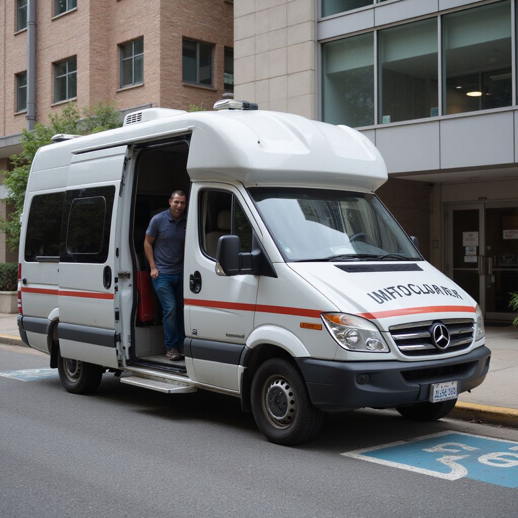 Man standing in doorway of white handicap-accessible van with red stripe, parked outside building.