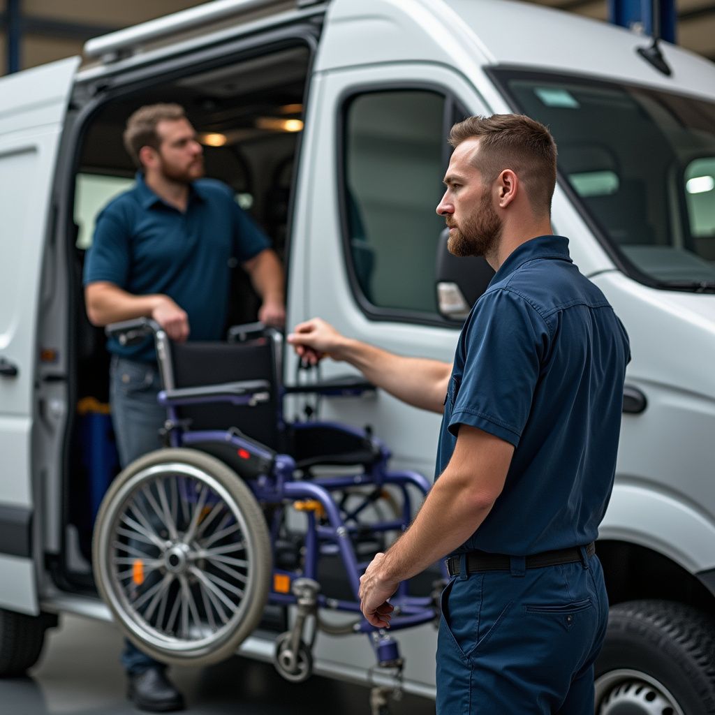 Two men with a wheelchair and a van. One man holds the chair while the other stands in the open door.