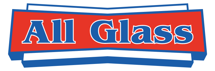 A red , white and blue all glass logo on a white background.