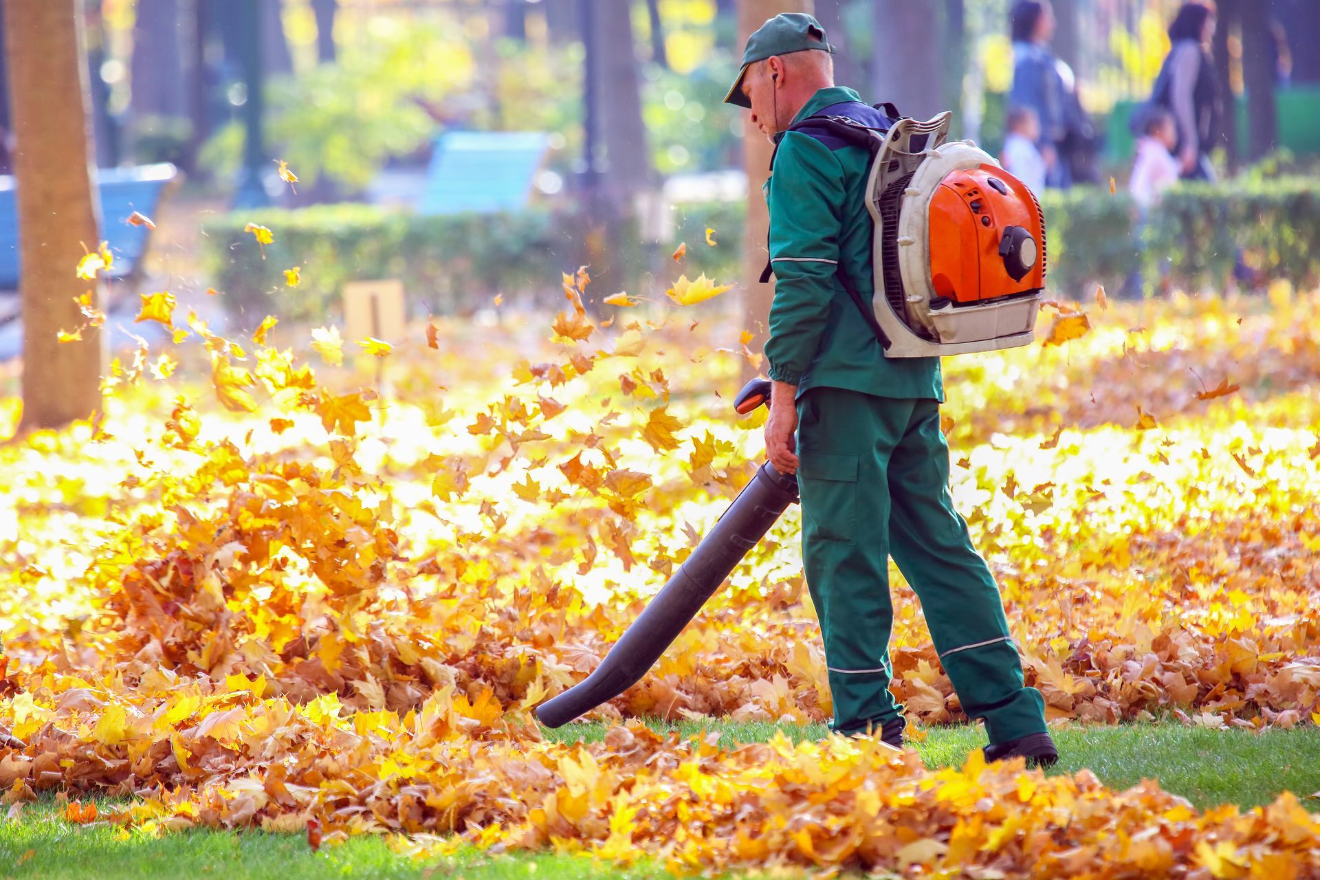 Working in the Park removes autumn leaves with a blower