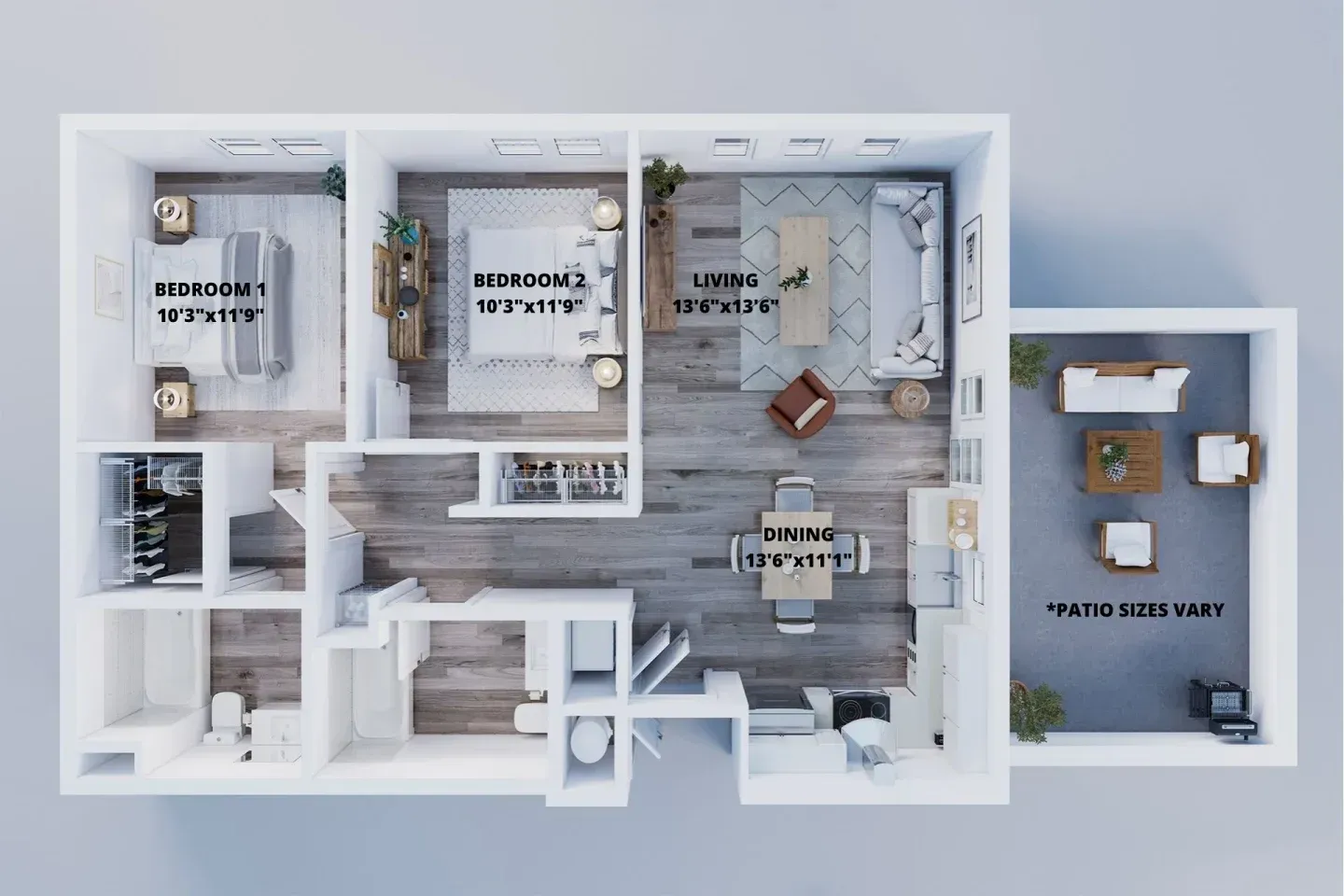 A 3d floor plan of a house with a patio.