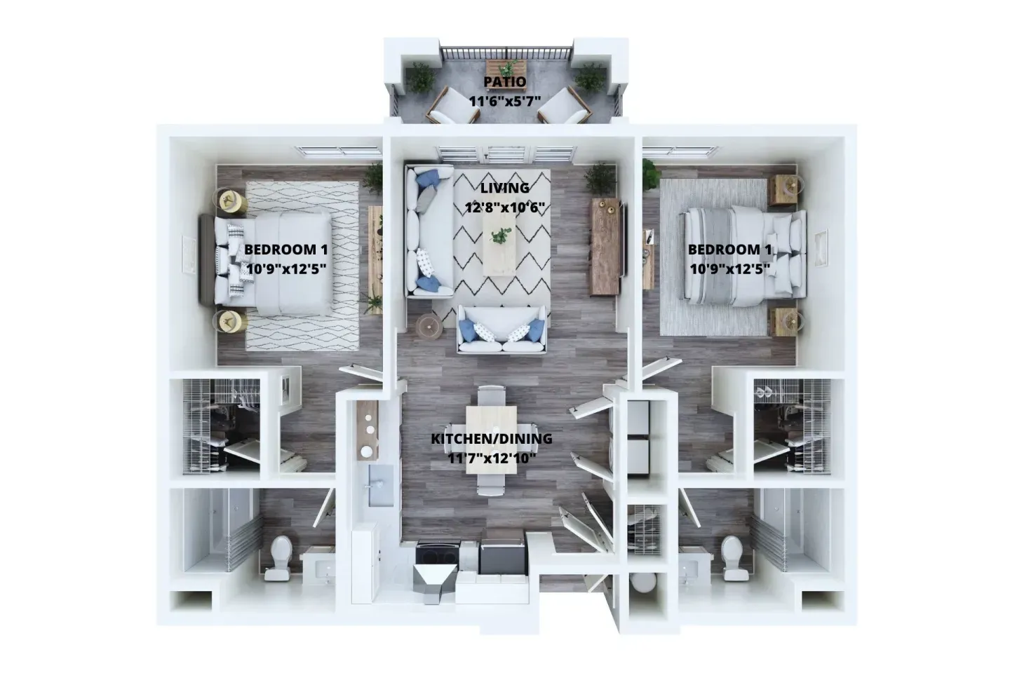 A 3d floor plan of a house with two bedrooms and two bathrooms.
