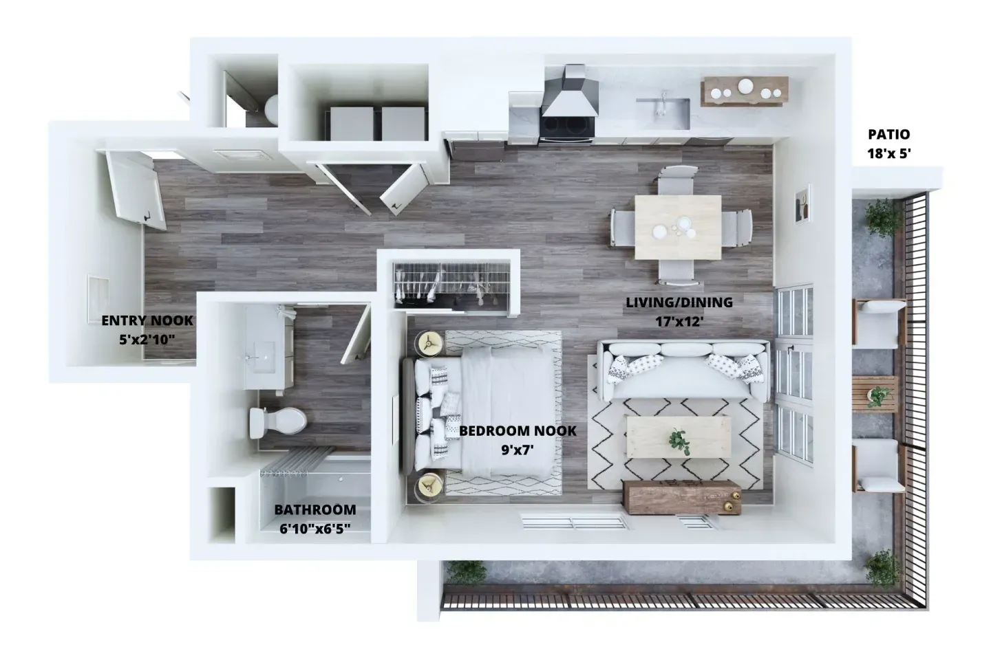 An aerial view of a floor plan of a small apartment.