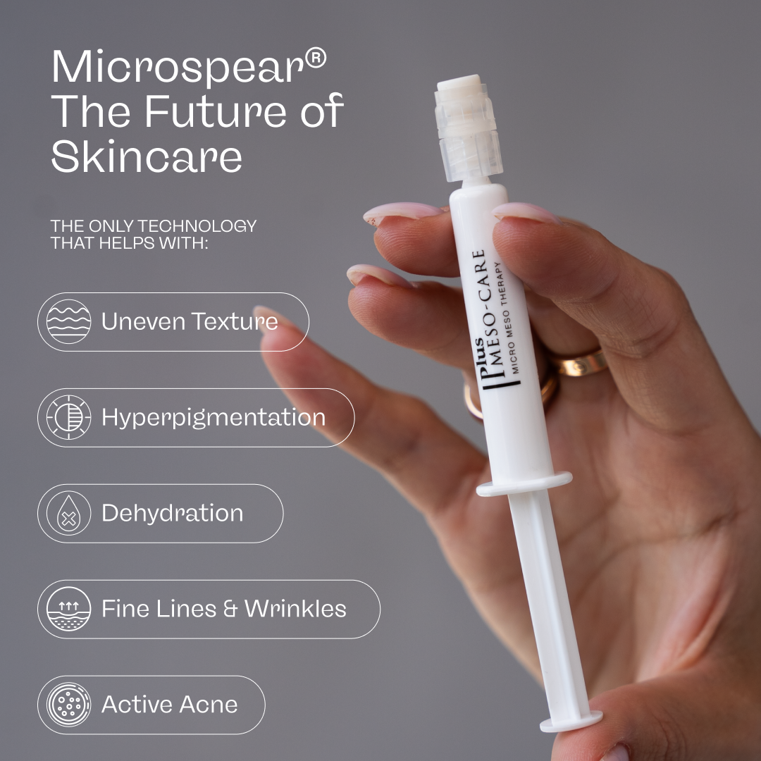 A hand holding a white MESO-CARE product; text promotes it for uneven texture, hyperpigmentation, dehydration, fine lines, wrinkles, and active acne.