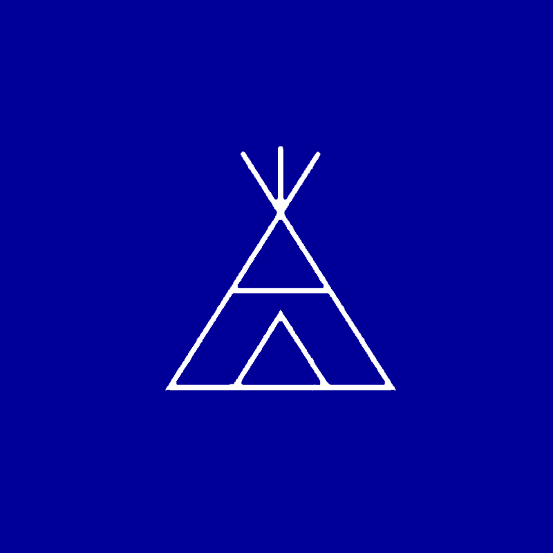 White line drawing of a teepee on a blue background.