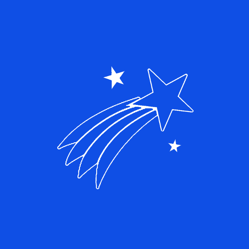 White shooting star with multiple trails on blue background, two stars nearby.