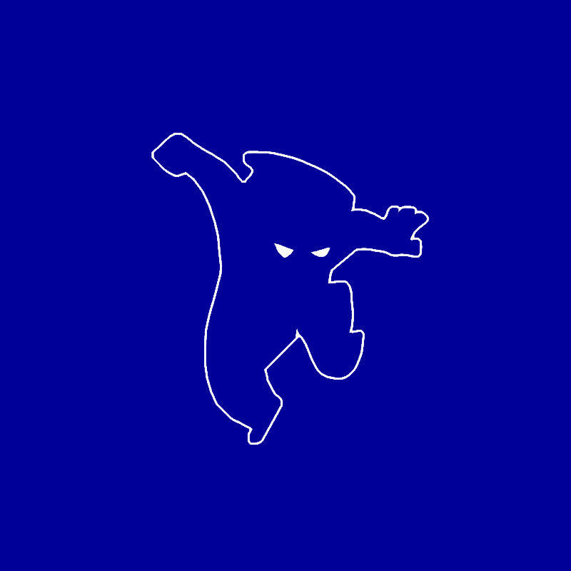 White outline of a cartoon creature leaping with angry eyes on a blue background.