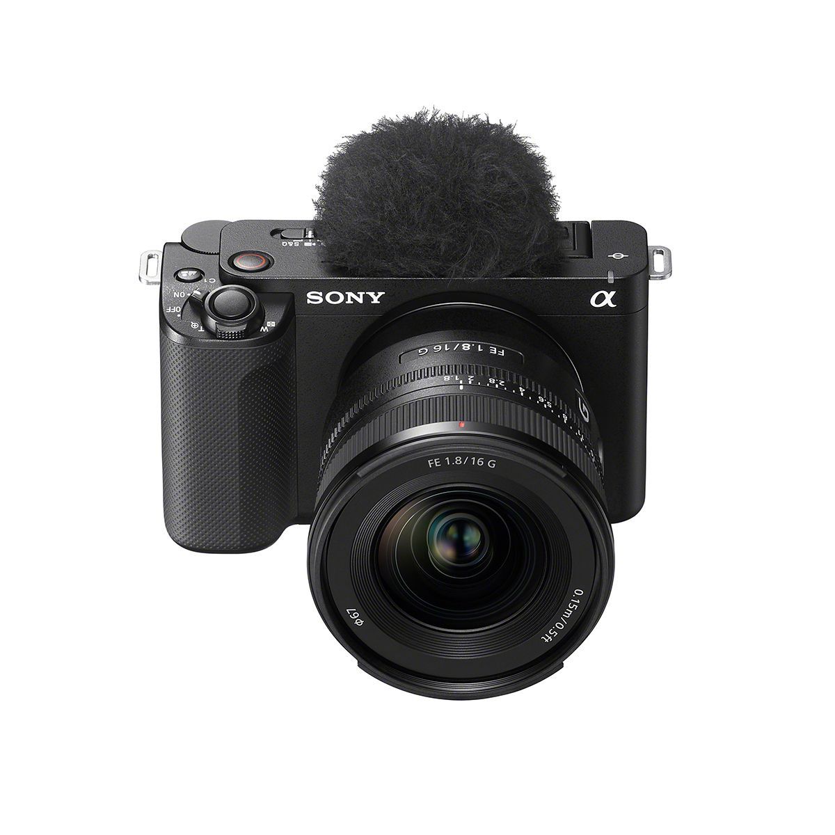 A sony camera with a microphone attached to it.