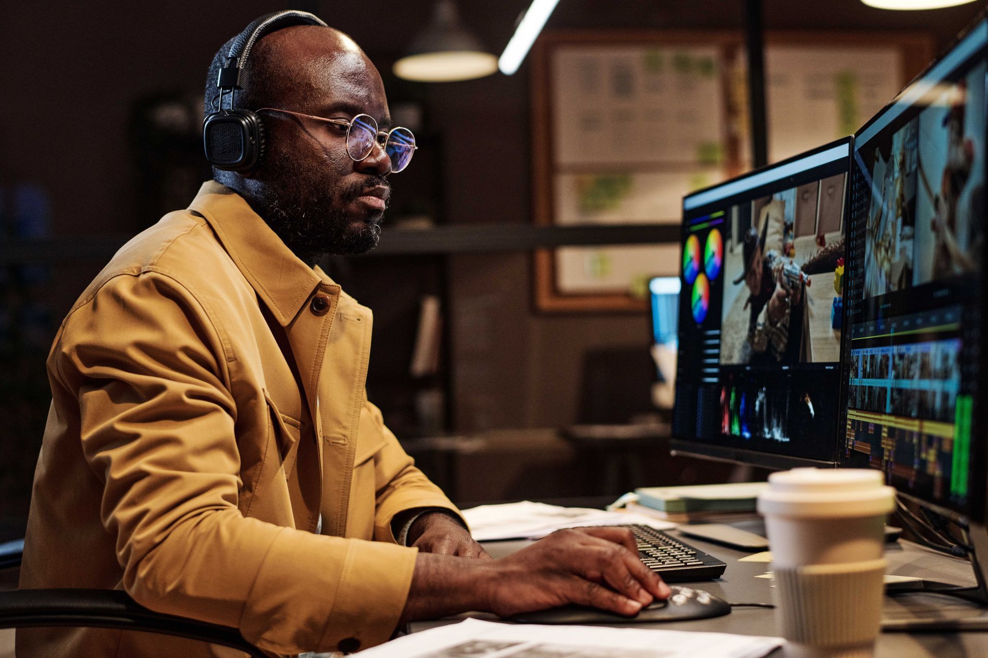 A man wearing headphones is sitting at a desk using a computer.