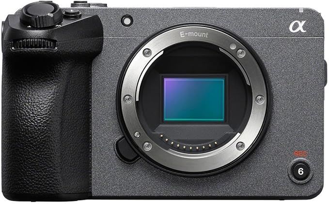 A black sony camera with a large sensor on a white background.