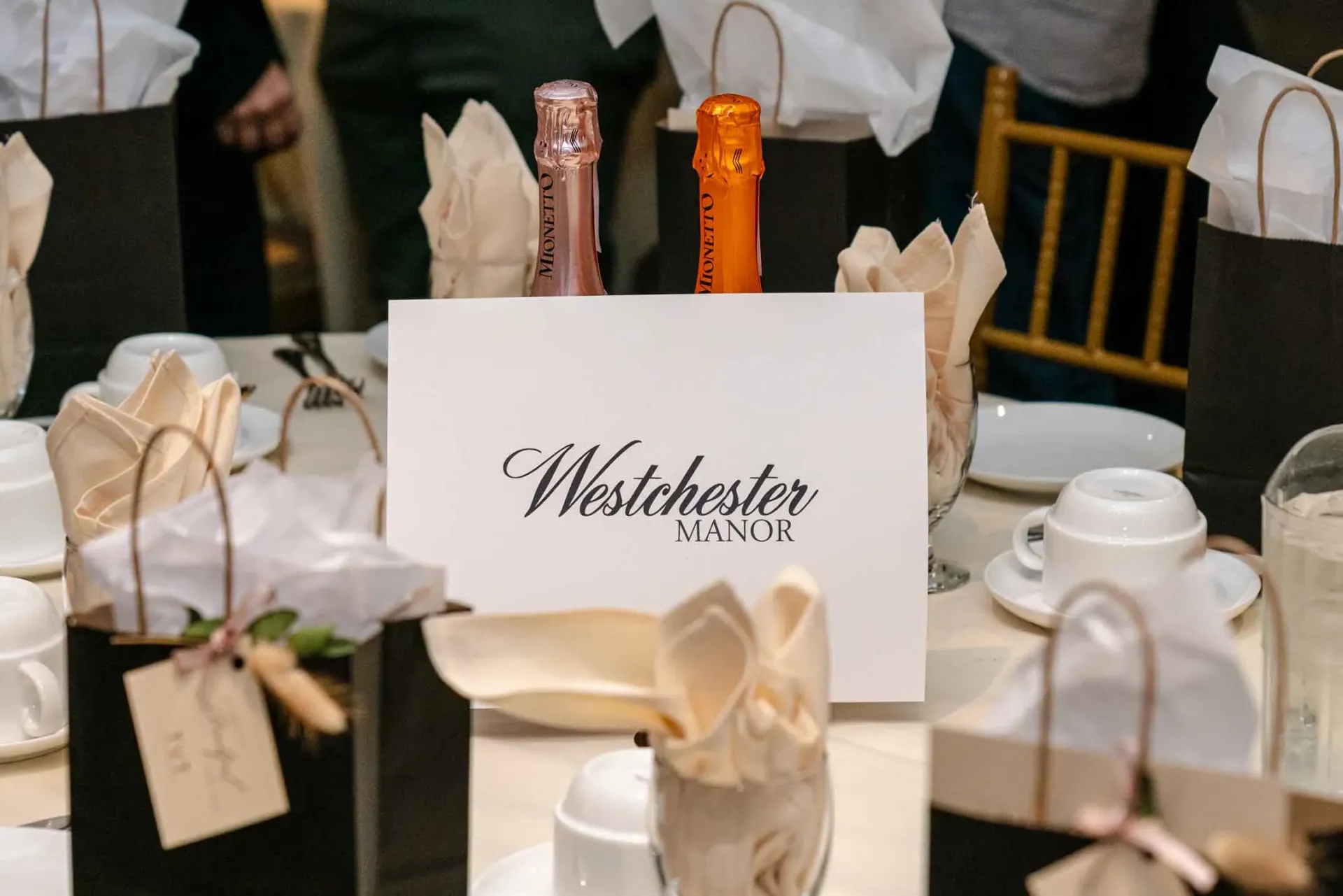 A table with a sign that says westchester on it