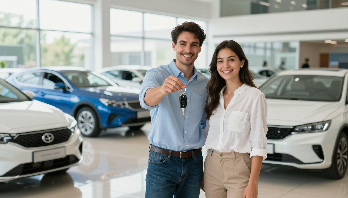 Casal celebrando a compra de um carro novo