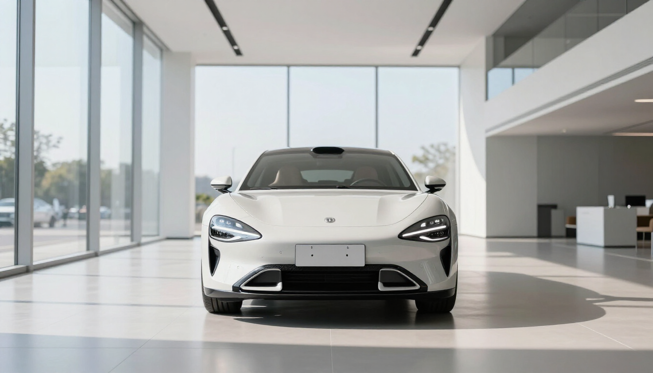 Carro moderno em concessionária iluminada representando consórcio de veículos