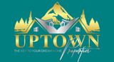 Uptown Properties logo with stylized mountain, trees, and houses in gold and teal