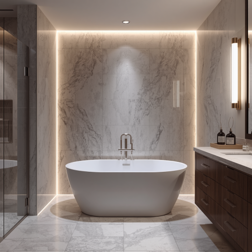 Modern luxury bathroom with freestanding tub, marble walls, and dark wood vanity, softly lit by warm LED strips