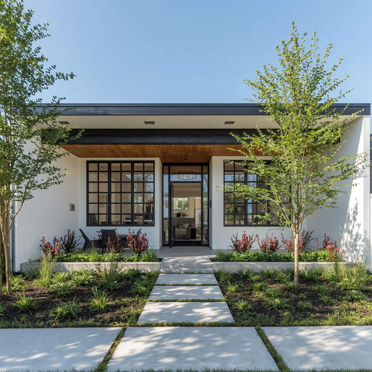 Modern white house exterior with large windows, front path, and young trees