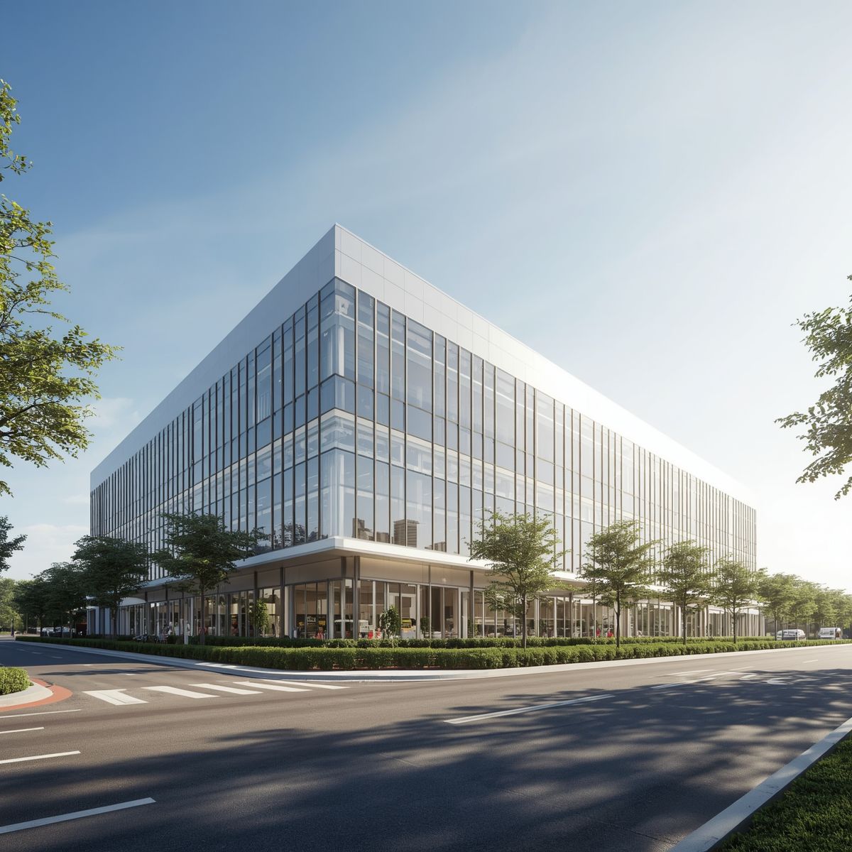 Modern glass office building on a tree-lined street under a clear blue sky