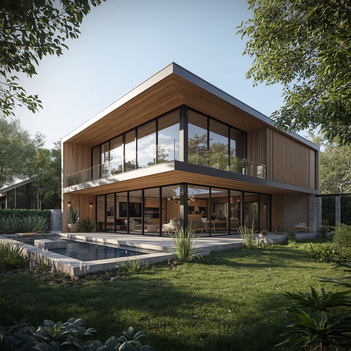 Modern two-story wooden house with large windows and a landscaped yard in daylight