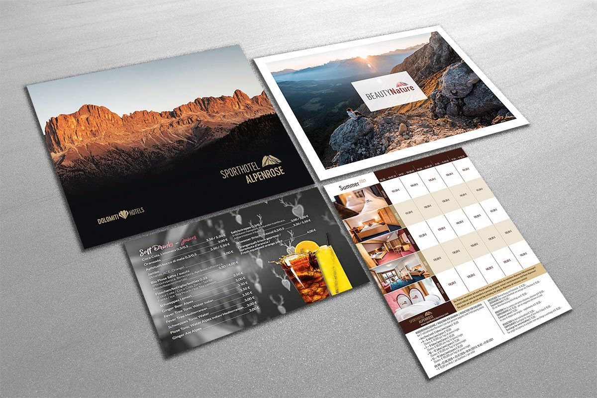Getränkekarten, Imageprospekte, weitere Printmedien Sporthotel Alpenrose