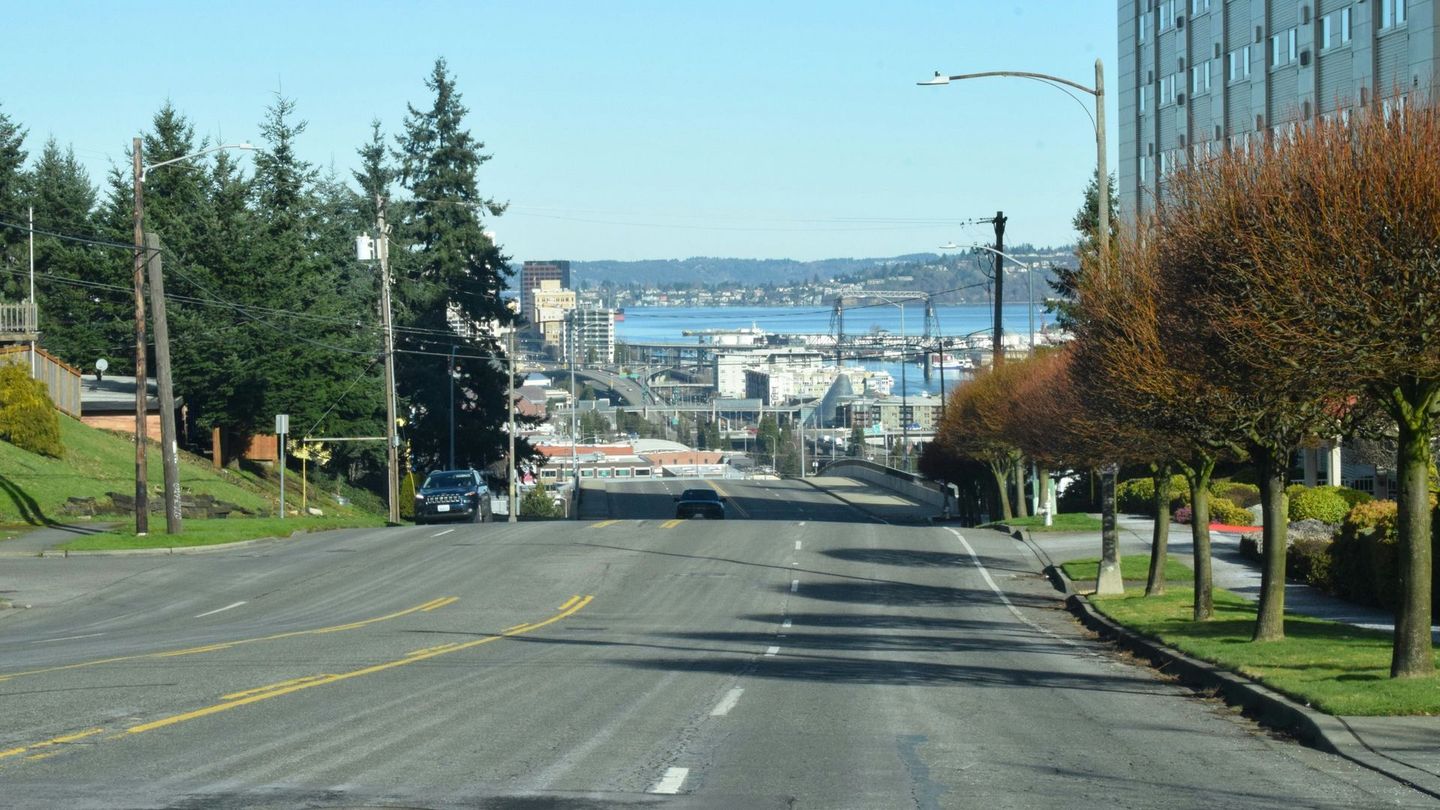 A city street with trees on both sides and a large building in the background