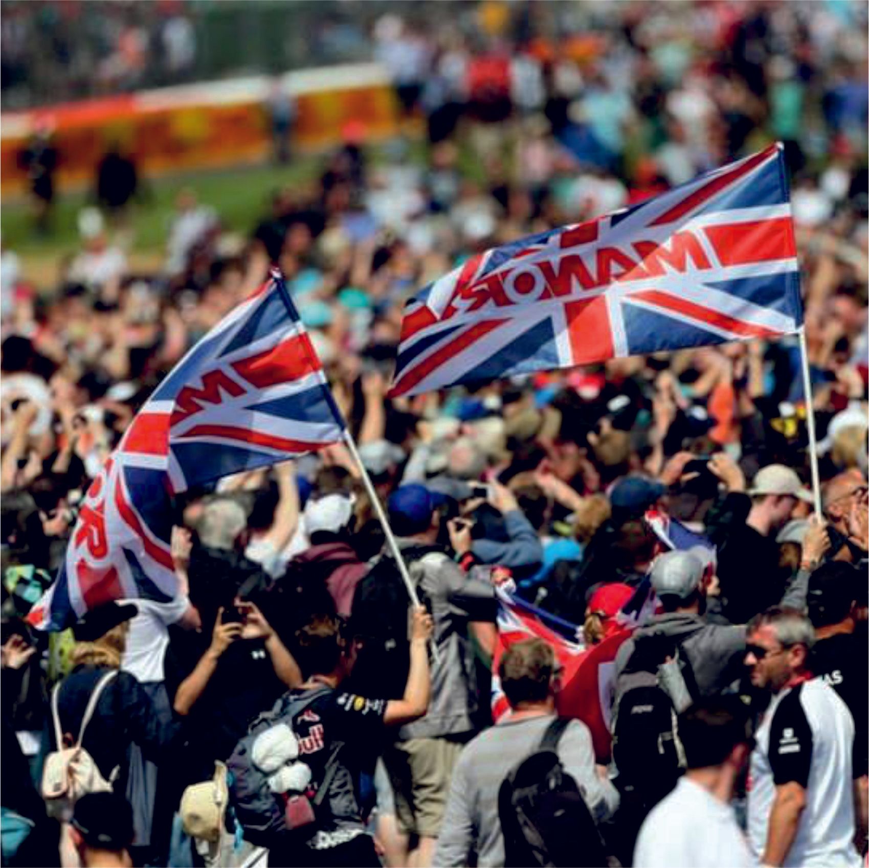 Large printed flags in a crowd of people