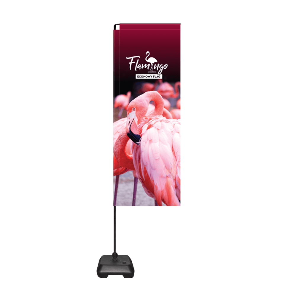 printed Flamingo flag mounted on a pole