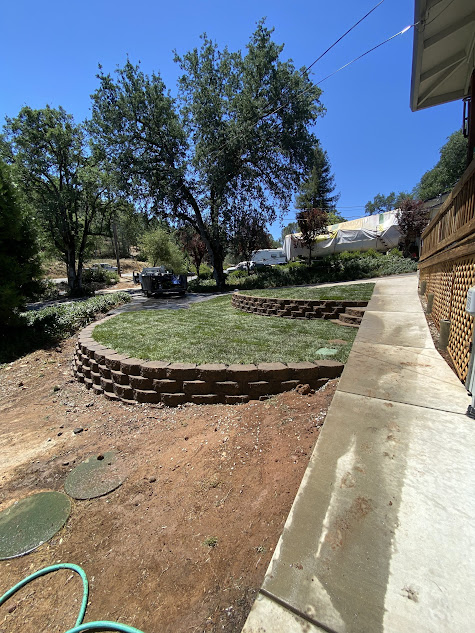 A hose is sitting on the sidewalk next to a brick wall.