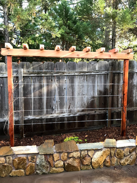 A wooden pergola is sitting on top of a stone wall next to a wooden fence.