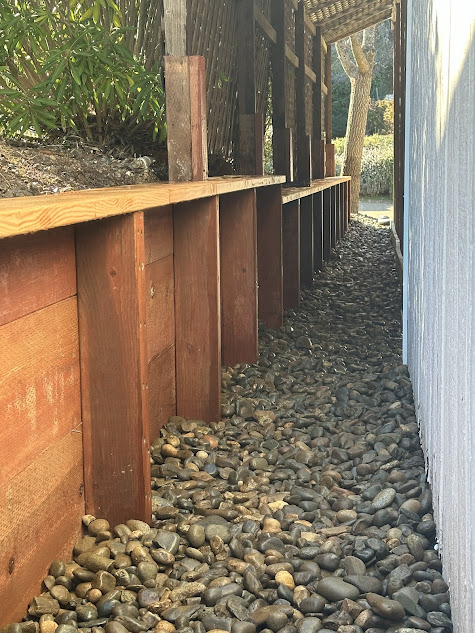 A wooden fence is surrounded by rocks next to a building.