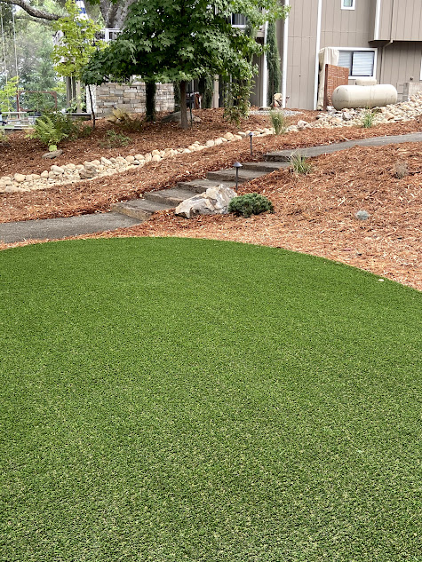 A lush green lawn with stairs leading up to a house in the background.