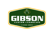 A green and yellow logo for gibson custom landscape.