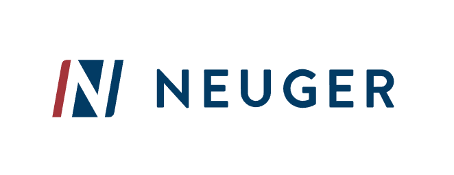 A blue and red logo for neuger on a white background.