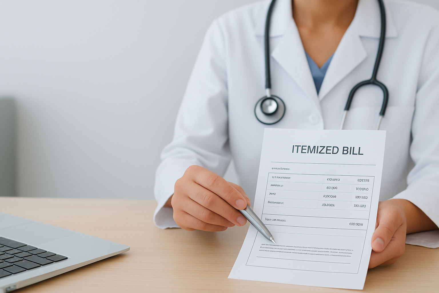 Doctor holding an itemized medical bill to explain radiology and lab benefits for indemnity ins