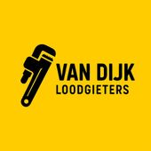 Een logo voor van dijk loodgieters met een sleutel op een gele achtergrond.