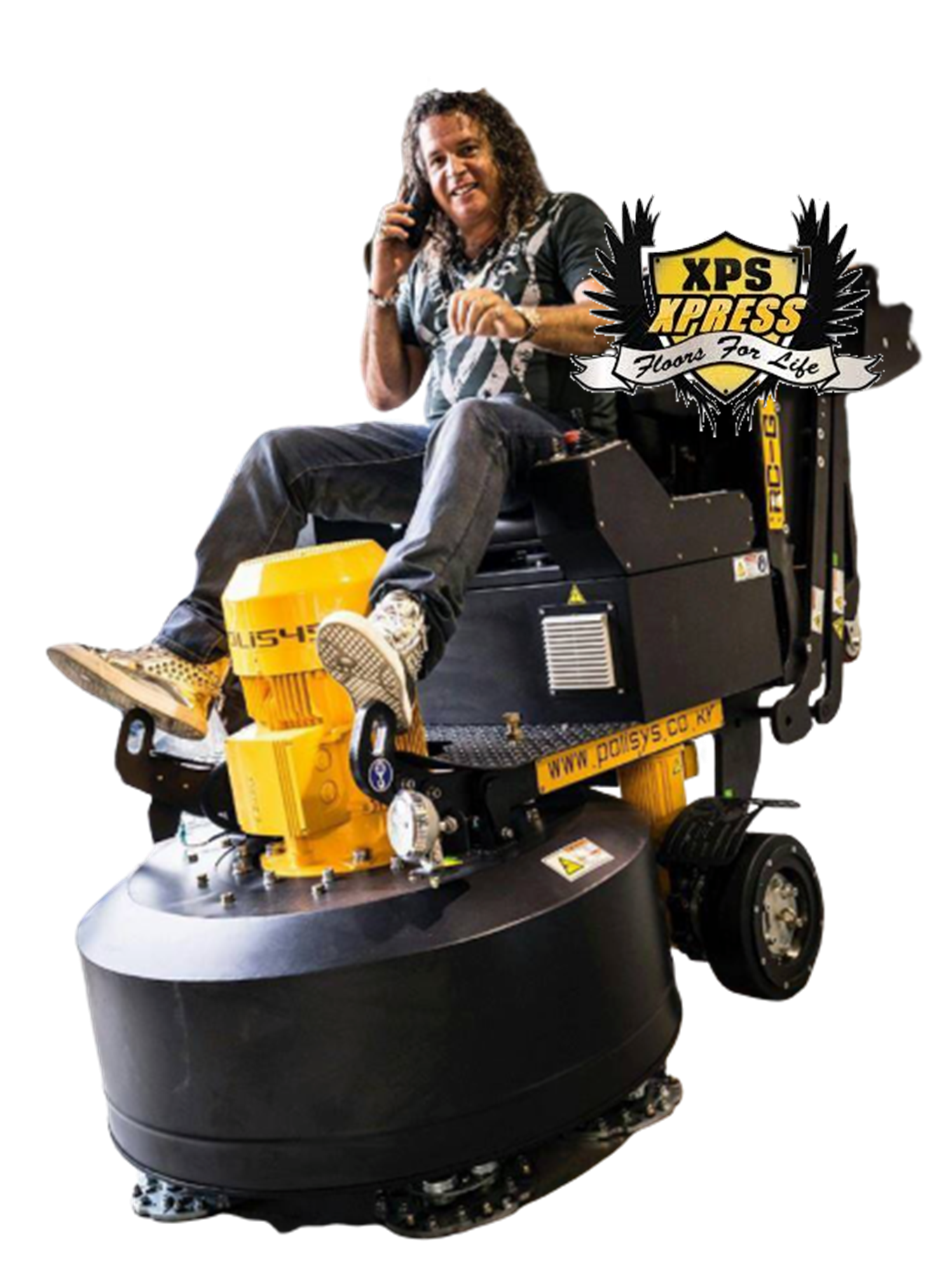 Man on a yellow and black concrete grinder, talking on the phone, with a logo that says 