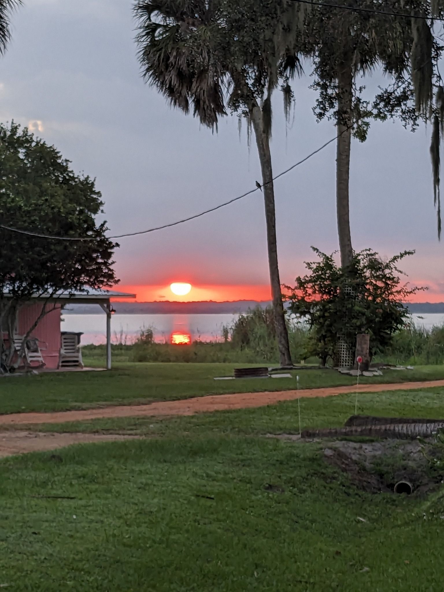 A sunset over a body of water with trees in the foreground