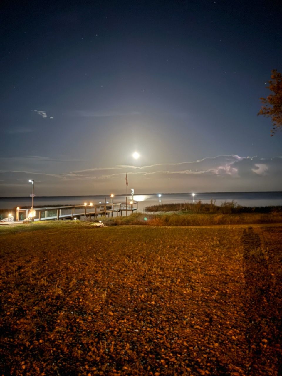 A full moon is shining over a body of water at night.