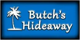 Butch 's hideaway logo with a palm tree on a blue background