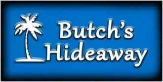 Butch 's hideaway logo with a palm tree on a blue background