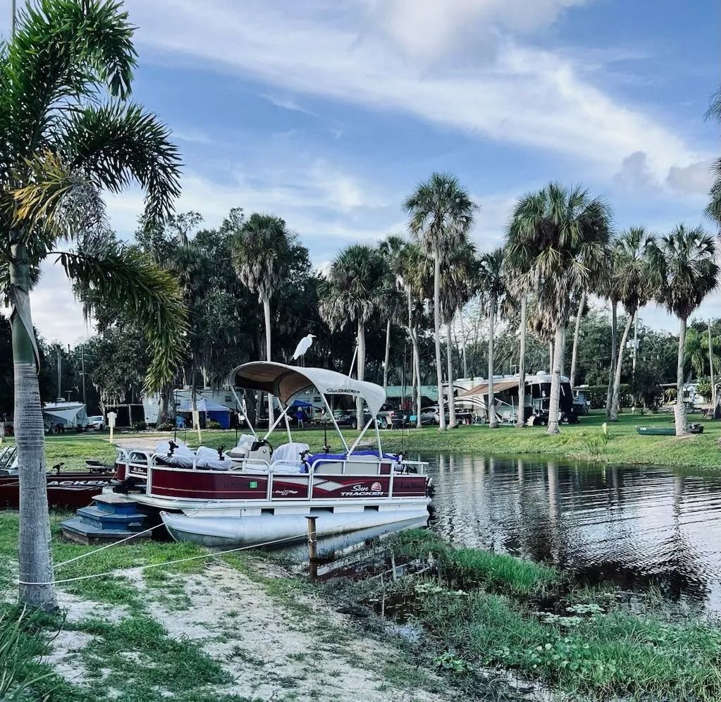 A pontoon boat is docked on the shore of a lake