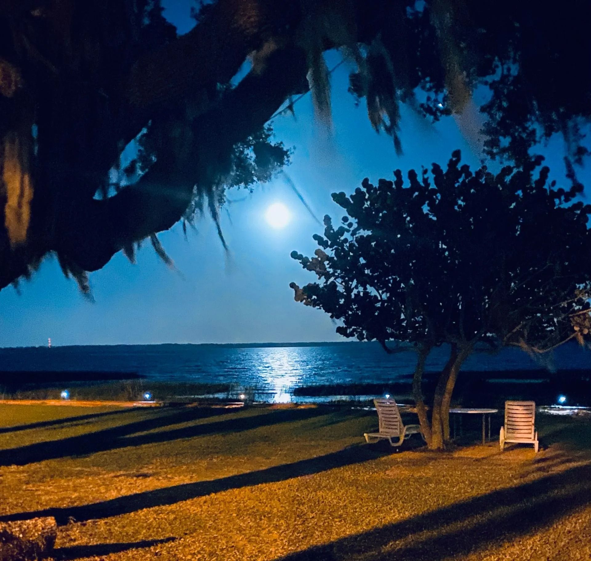 A full moon shines over the ocean at night