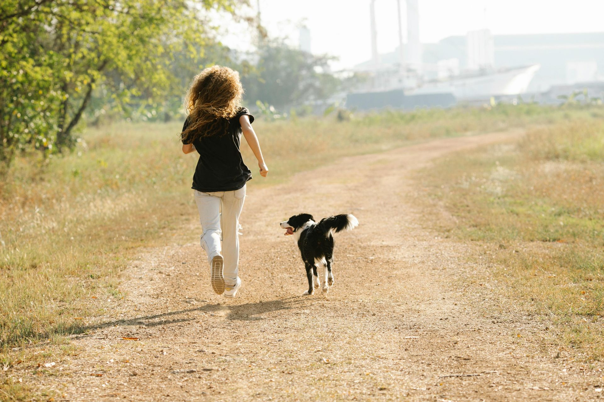 Woman and dog run down a dirt path in a field, toward a building, sunny day.
