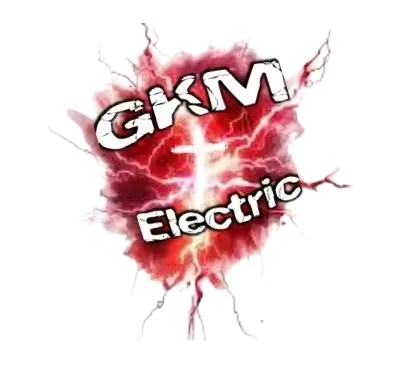 GKM Electric logo: White text over a red and white electric burst.