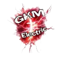 GKM Electric logo: White text over a red and white electric burst.