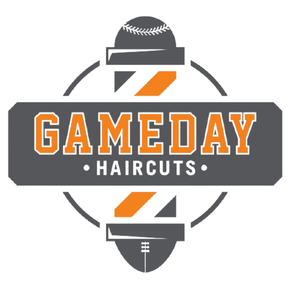 Logo for Gameday Haircuts. Includes baseball and football, barber pole design, and text 