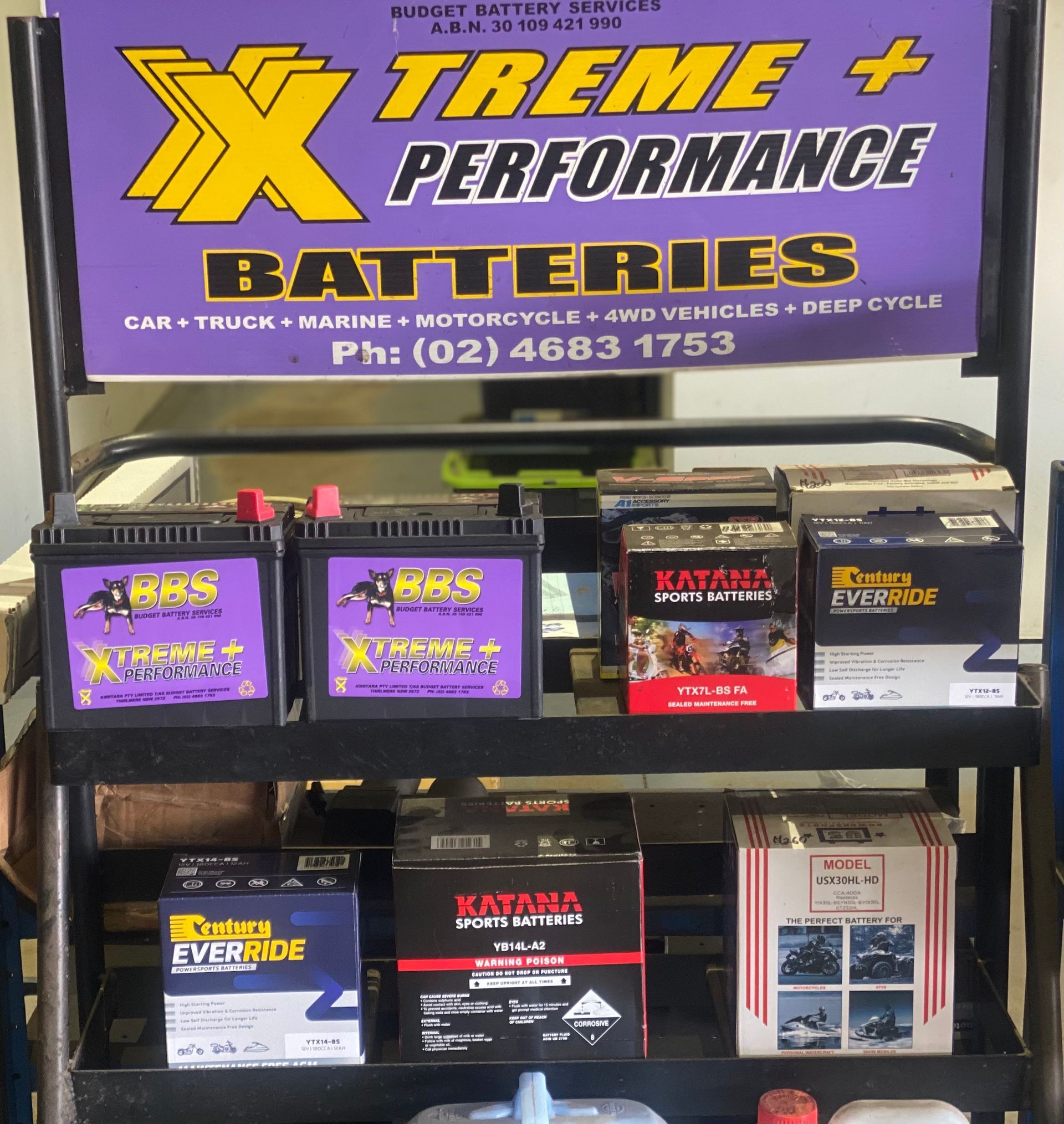 A display of batteries from treme performance — Shamrock Mower & Motorcycle Repairs in Braemar, NSW