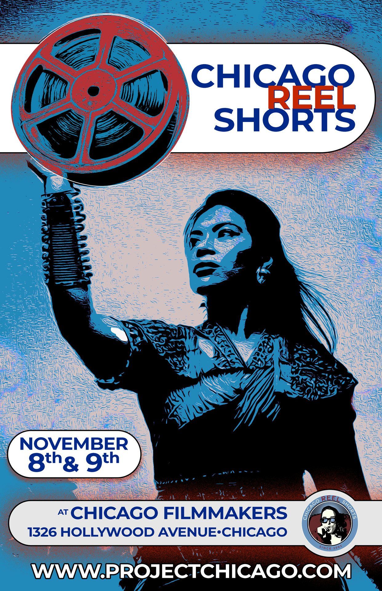 A poster for chicago reel shorts shows a man holding a camera