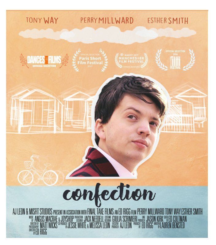 A movie poster for confection with a young man on it