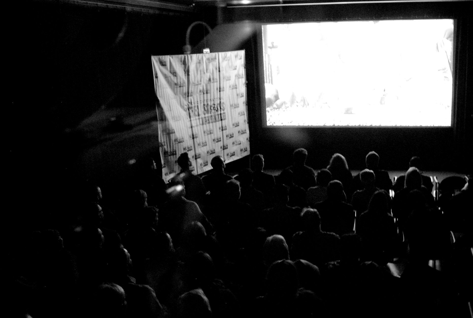 Audience watching a film on a large screen in a dark theater; a banner hangs nearby.